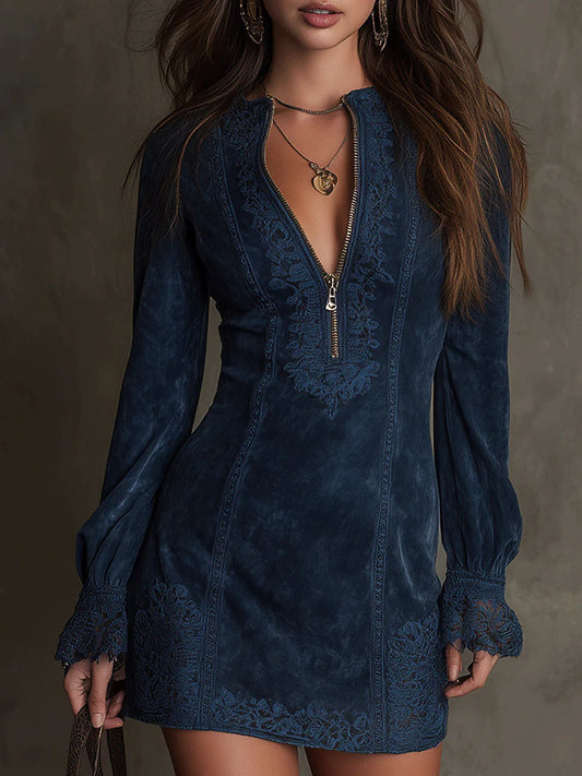 Jasmine – Blue Suede Mini Dress with Lace